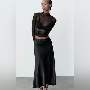 ZARA Black Satin Bias Cut Slip Midi Skirt Minimalist Quiet Luxury Size L